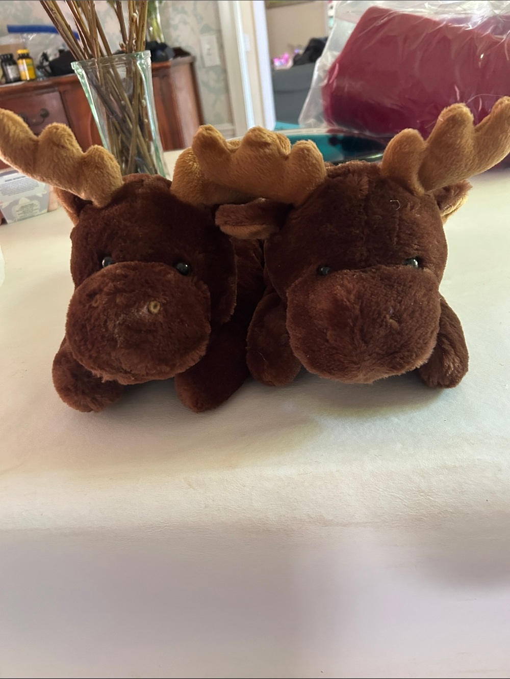 Plush Brown Moose Stuffed Animal Pair - Soft adult slippers M